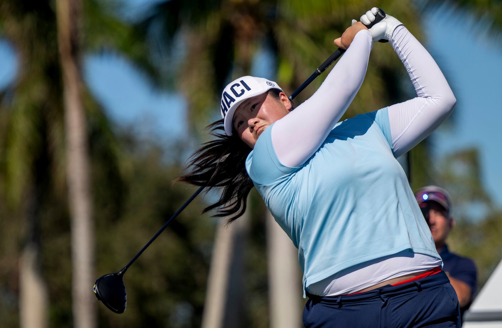 Angel Yin tees off on the ninth hole during the final round of the LPGA CME Group Tour Championship golf tournament Sunday, Nov. 24, 2024, in Naples, Fla. (AP Photo/Chris Tilley)