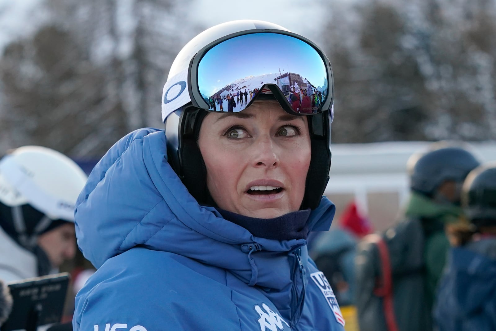 United States' Lindsey Vonn looks on before competing in an alpine ski, women's World Cup super G, in St. Moritz, Switzerland, Saturday, Dec. 21, 2024. (AP Photo/Giovanni Auletta)