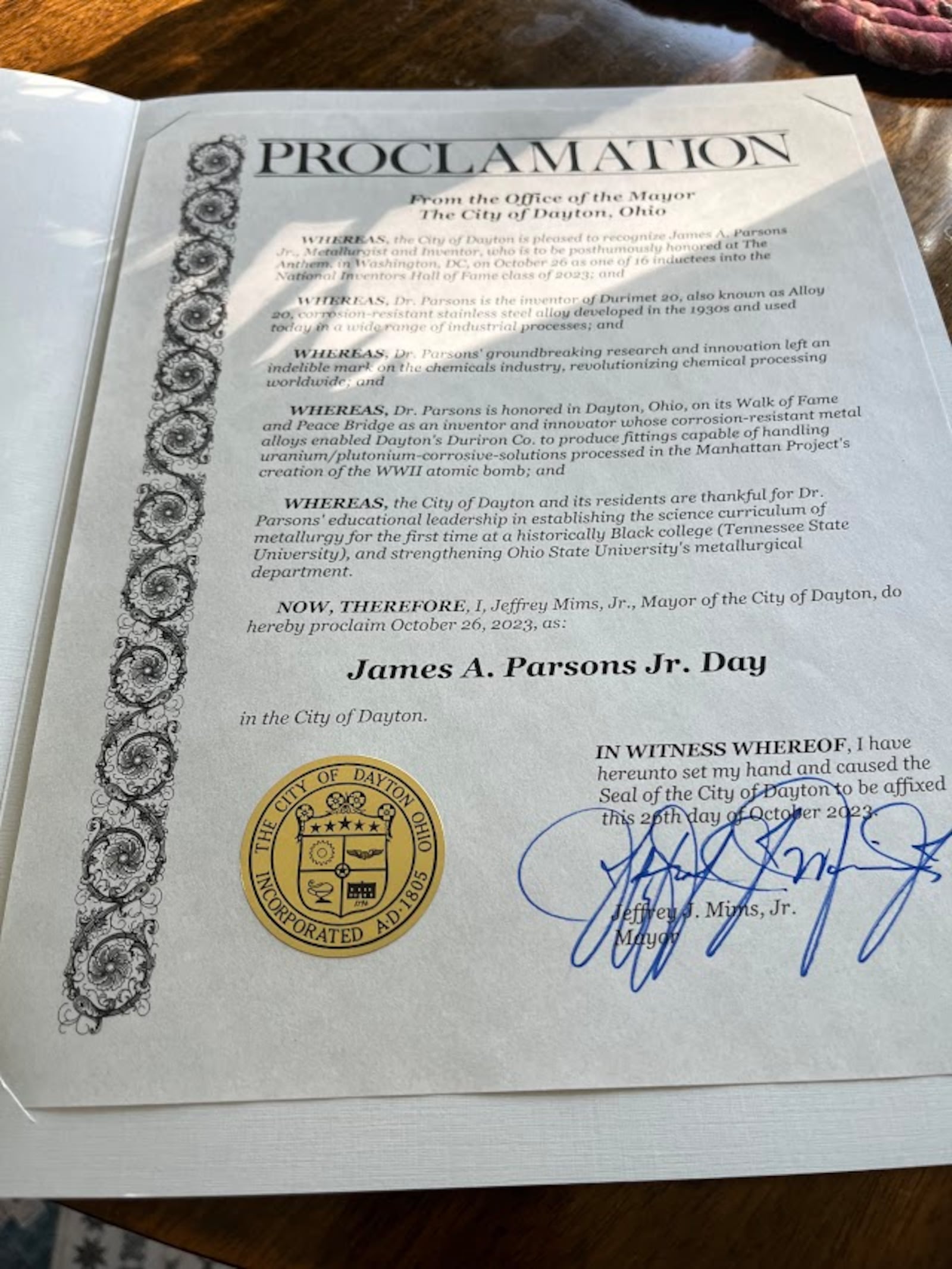 A message from the office of Dayton Mayor Jeffrey Mims declaring Thursday "James A. Parsons Jr. Day" in Dayton. THOMAS GNAU/STAFF