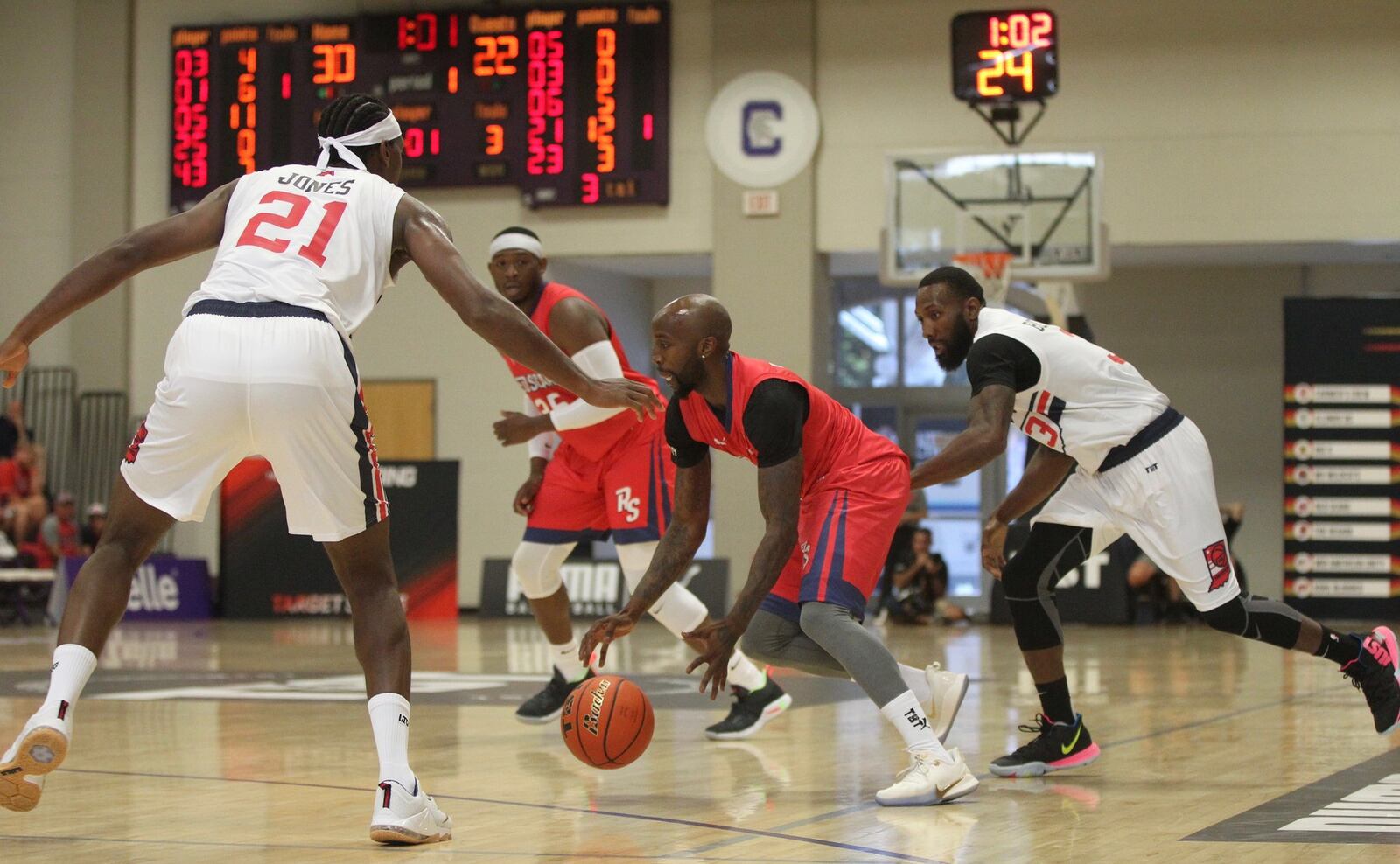 Kevin Dillard, of the Red Scare, dribbles against The Region in the first round of The Basketball Tournament on Friday, July 19, 2019, at Capital University in Bexley. David Jablonski/Staff