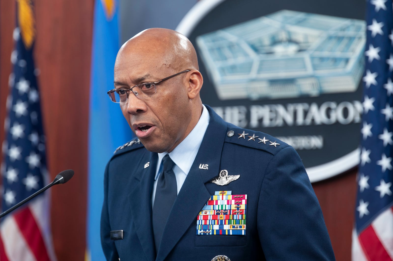 FILE - Chairman of the Joint Chiefs of Staff Gen. CQ Brown speaks during a press briefing, April 26, 2024, at the Pentagon in Washington. (AP Photo/Kevin Wolf, File)