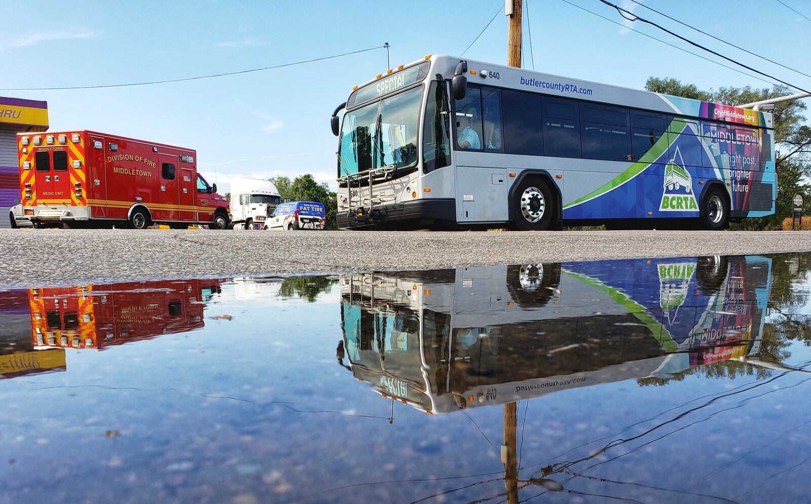 A bus helped evacuate residents from a Middletown neighborhood on Lafayette Avenue on Wednesday, Oct. 2, 2019. NICK GRAHAM / STAFF