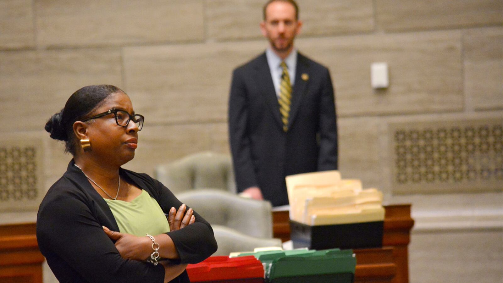 During a debate in the Missouri Senate in Jefferson City Wednesday, May 15, 2019, Freshman senator, Karla May, D-St. Louis, listens to opposing arguments regarding Missouri's proposed new abortion law. Opponents of the bill have begun efforts to block it in that legislative body. The bill would prohibit an abortion after the unborn baby's heartbeat is detected.