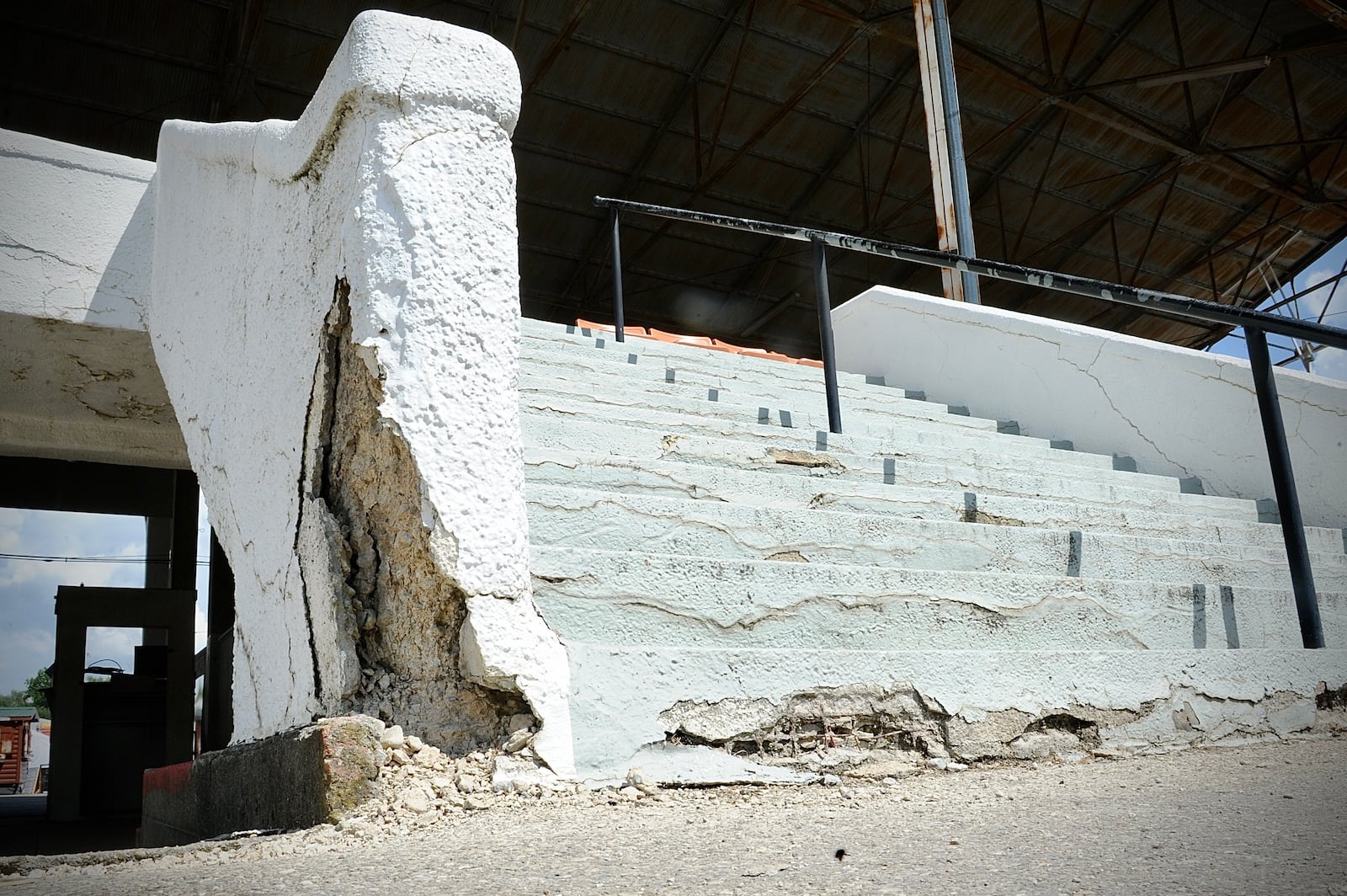 The grandstand at the Miami County Fairgrounds was crumbling (above) but was repaired in time for the 2023 county fair. MARSHALL GORBY / STAFF