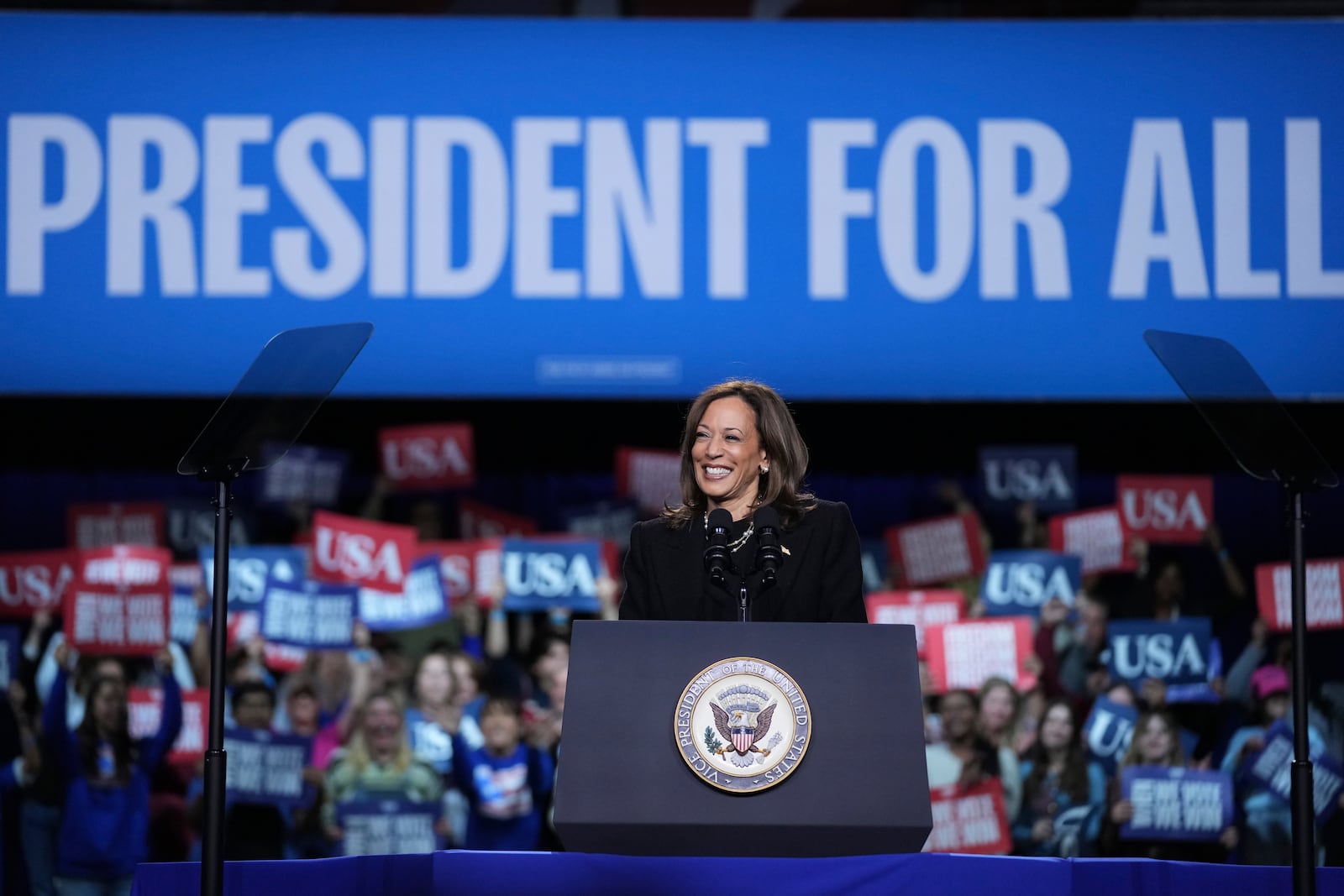 Democratic presidential nominee Vice President Kamala Harris speaks during a campaign rally in Memorial Hall at Muhlenberg College in Allentown, Pa., Monday, Nov. 4, 2024. (AP Photo/Susan Walsh)