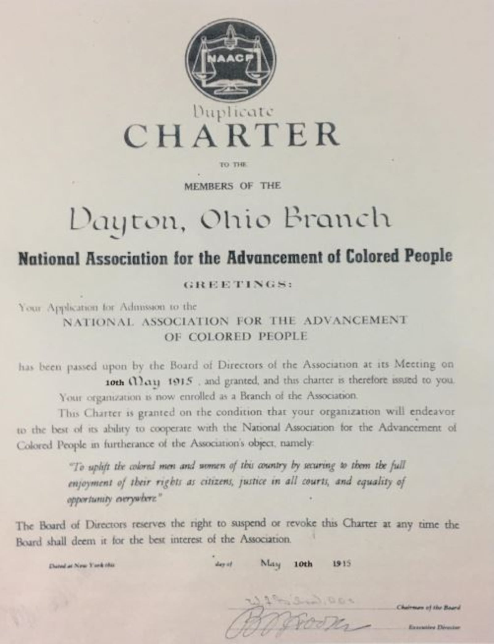 Dayton NAACP officially chartered on May 10, 1915.