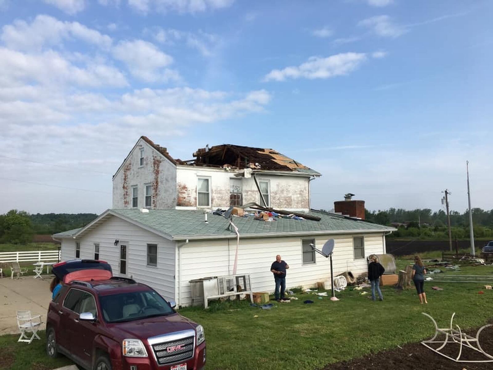 Last Monday’s tornado tore the roof off this home owned by James and Mary Ann Barr at 1045 Ludlow Road in Beavercreek Township and damaged two other buildings. It is their second tornado in just over a year. The home was also damaged by a tornado on April 3, 2018, and two other buildings were badly damaged and had to be replaced. PHOTOS contributed by Barbara Barr