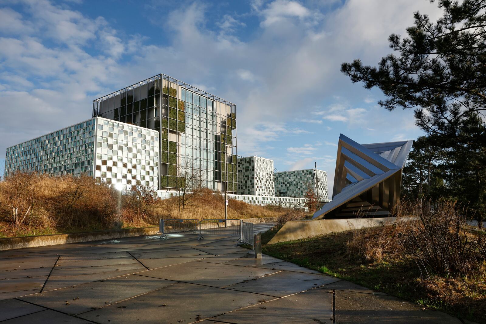 A general view of the exterior of the International Criminal Court in The Hague, Netherlands, Wednesday, March 12, 2025. (AP Photo/Omar Havana)