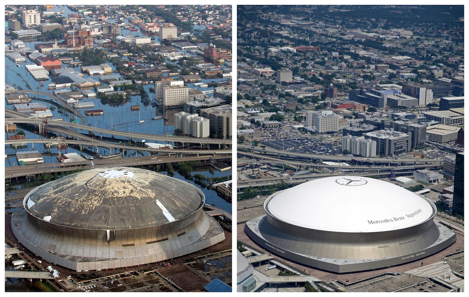 FILE - This combination of Aug. 30, 2005, left, and July 29, 2015, aerial photos shows downtown New Orleans and the Superdome flooded by Hurricane Katrina, left, and the same area a decade later. (AP Photo/David J. Phillip, left, and Gerald Herbert, File)