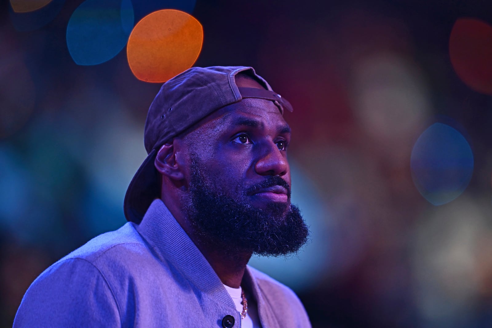 Shaq's OGs' Lebron James (23) sits court side in street clothes during Game 2 of the NBA All-Star Game at Chase Center in San Francisco, Sunday, Feb. 16, 2025. (Jose Carlos Fajardo/Bay Area News Group via AP)