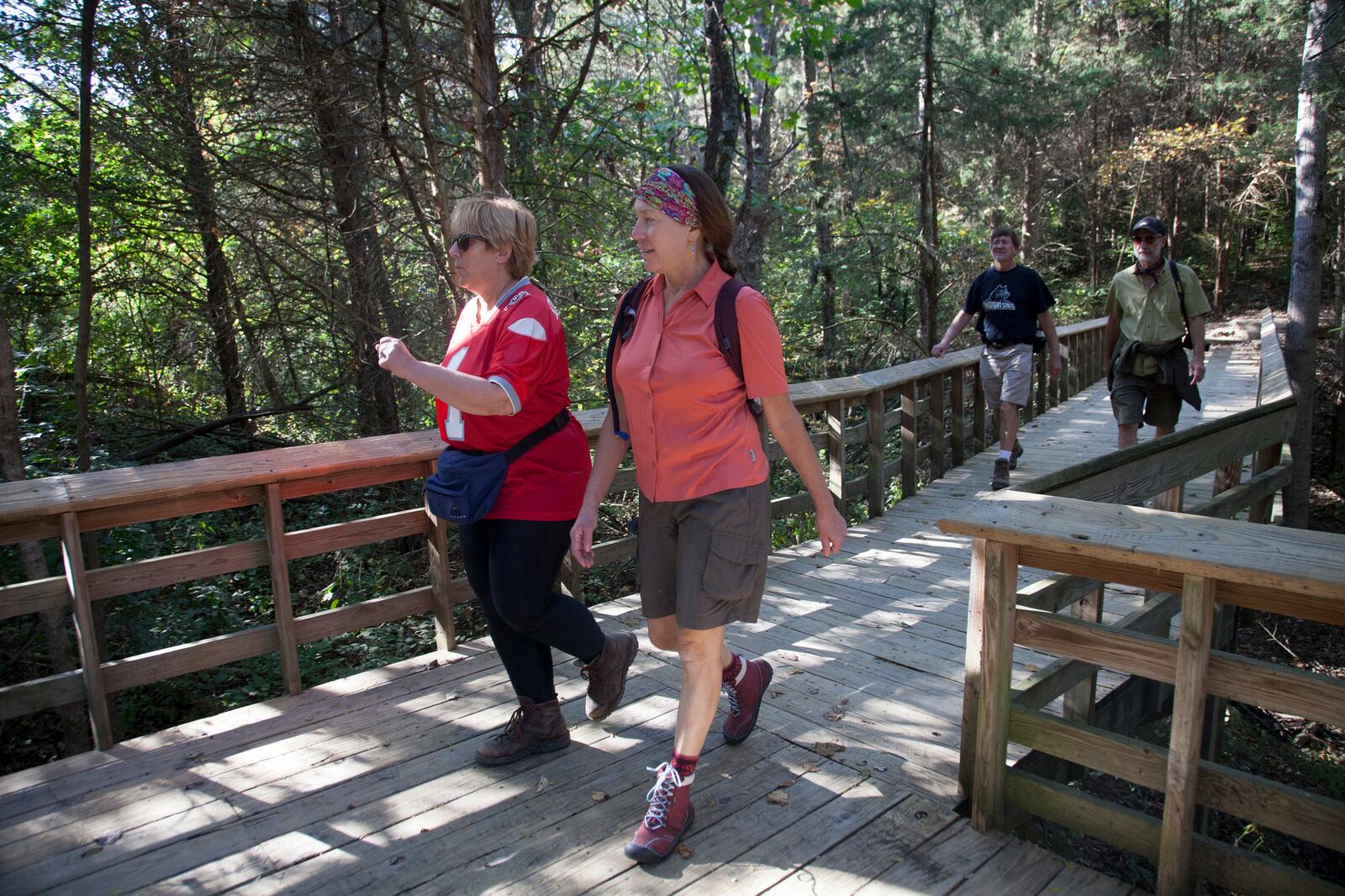 Two hikers take advantage of the mild weather in Germantown Metropark.