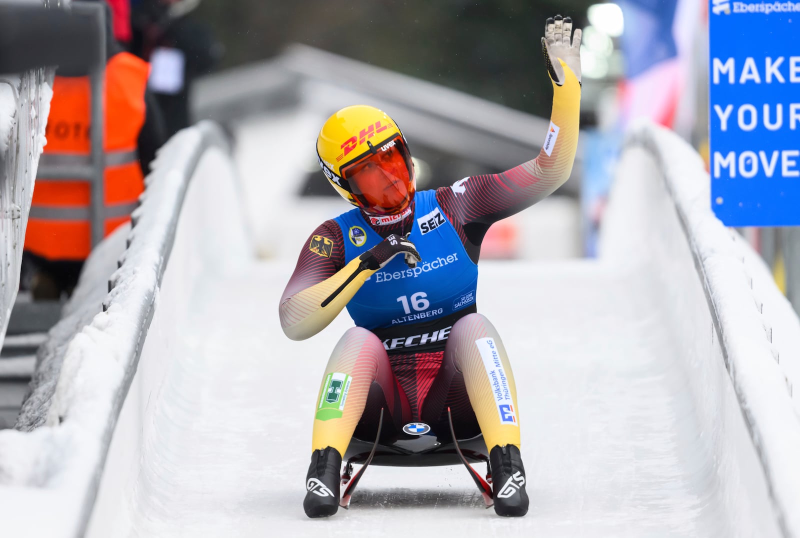 Merle Frobel from Germany places 3rd after the women's single-seater 2nd run at the Luge World Cup in Altenberg, Germany, Sunday Jan. 12, 2025. (Robert Michael/dpa via AP)