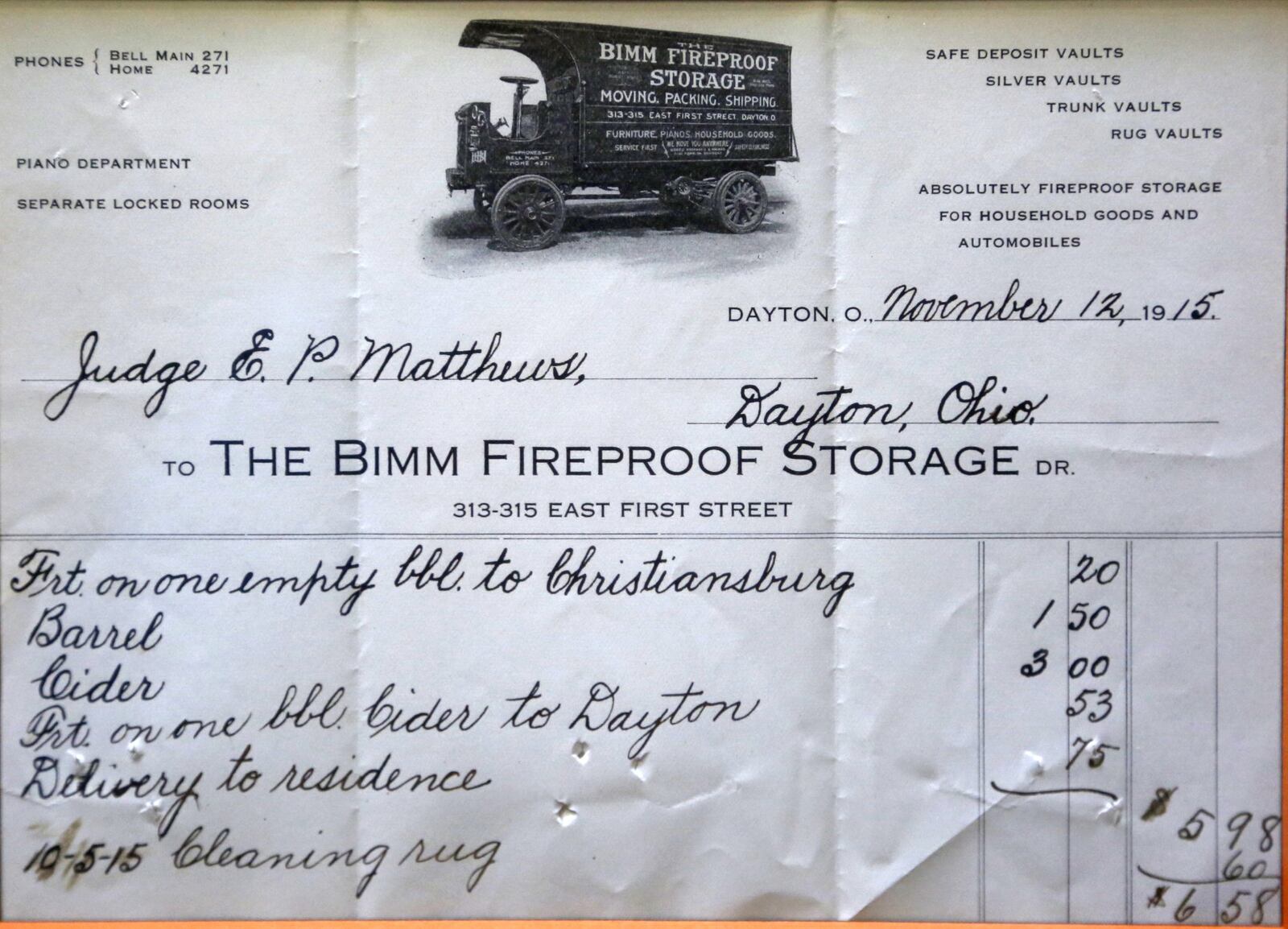 The first receipt from Bimm Fireproof Warehouse for transporting a barrel of cider for client Judge E.P. Matthews. PHOTO COURTESY OF LINCOLN STORAGE AND MOVING