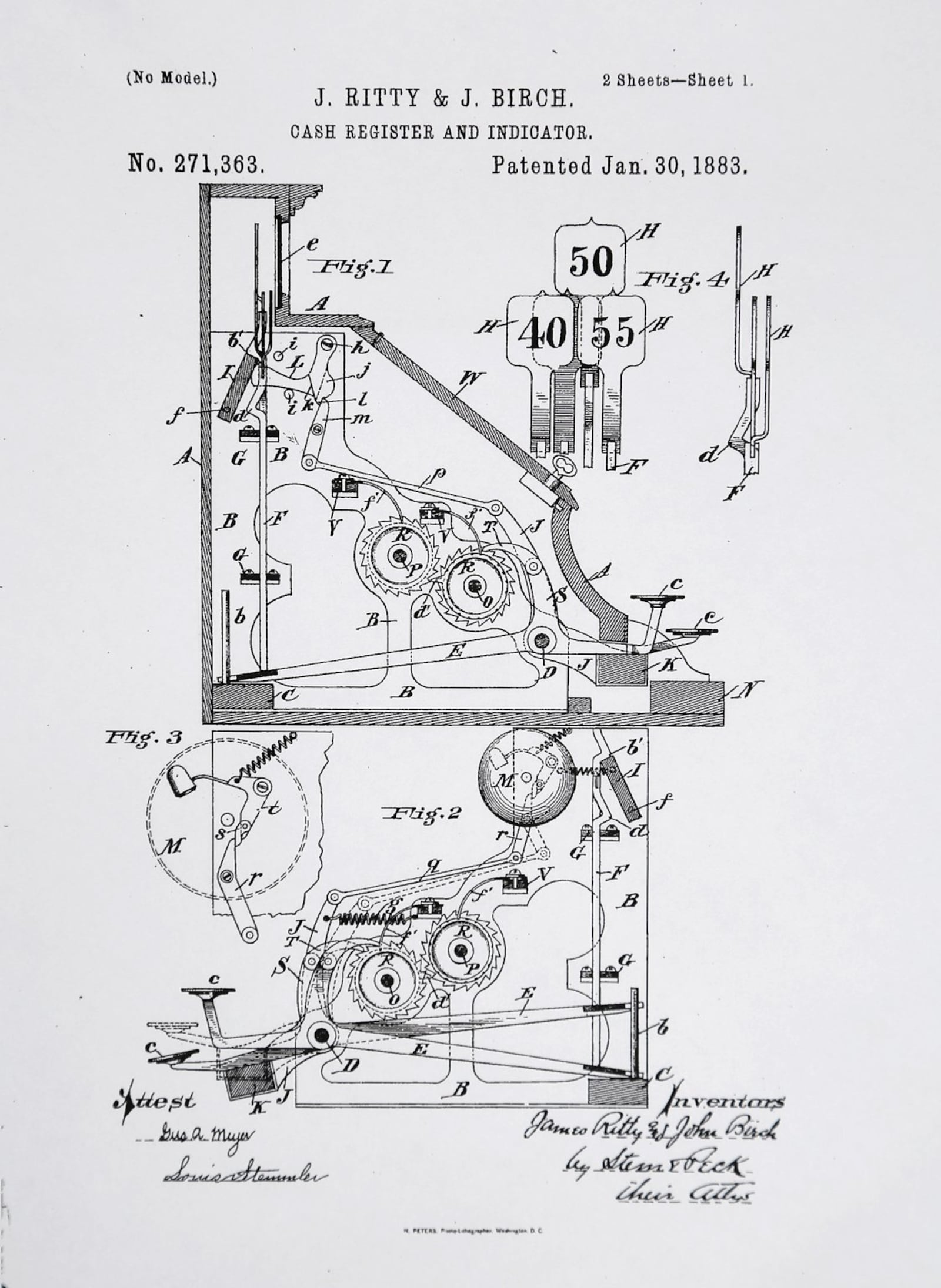 Patent No. 271,363 for a version of the “Cash Register and Indicator” invented by James Ritty and John Birch was patented Jan. 30, 1883.