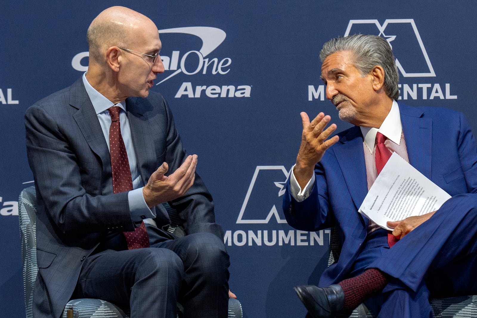 NBA Commissioner Adam Silver, left, and Ted Leonsis, owner of the Washington Wizards NBA basketball team and Washington Capitals NHL hockey team, attend an event announcing a new Capital One Arena Gallery Place Atrium, Thursday, Dec. 19, 2024, in Washington. (AP Photo/Jacquelyn Martin)