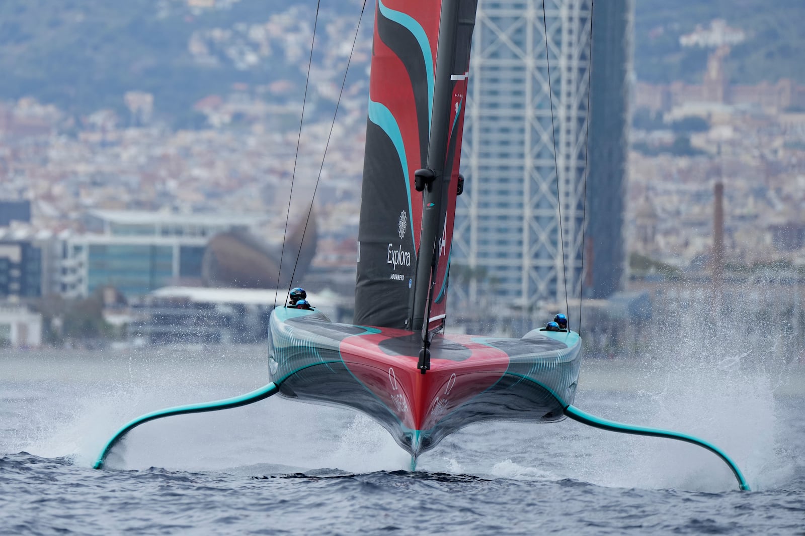 Emirates Team New Zealand races during Louis Vuitton 37th America's Cup Day 5 race 7 in Barcelona, Spain, Friday, Oct. 18, 2024. (AP Photo/Bernat Armangue)