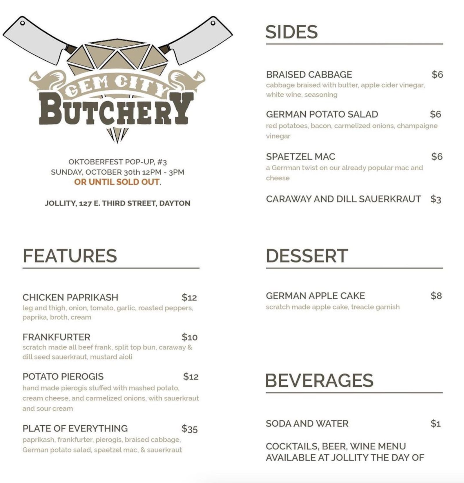 Gem City Butchery menu for their upcoming pop-up at the end of October