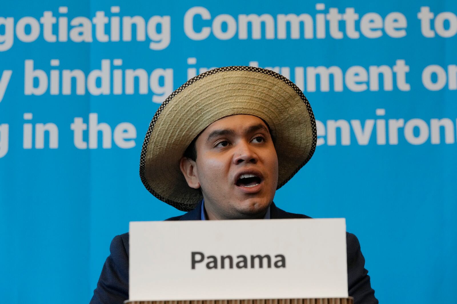 Juan Carlos Monterrey, head of Panama's delegation, speaks during a press conference at the fifth session of the Intergovernmental Negotiating Committee on Plastic Pollution in Busan, South Korea, Sunday, Dec. 1, 2024. (AP Photo/Ahn Young-joon)