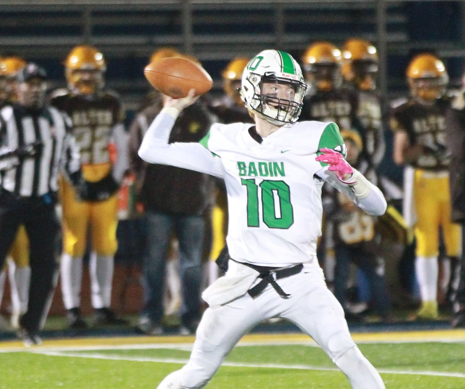 Badin senior QB Zach Switzer had two second-quarter touchdown passes. Alex DeLong (with ball) rushed for a career-high 239 yards and one touchdown. Badin defeated Alter 38-21 in a D-III, Region 12 high school football semifinal at Monroe on Friday, Nov. 15, 2019. MARC PENDLETON / STAFF