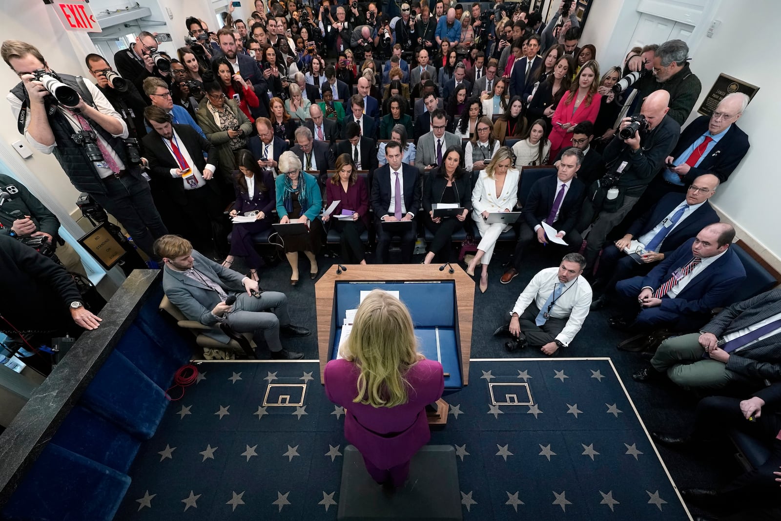 FILE - White House press secretary Karoline Leavitt speaks with reporters in the James Brady Press Briefing Room at the White House, Jan. 28, 2025, in Washington. (AP Photo/Alex Brandon, File)