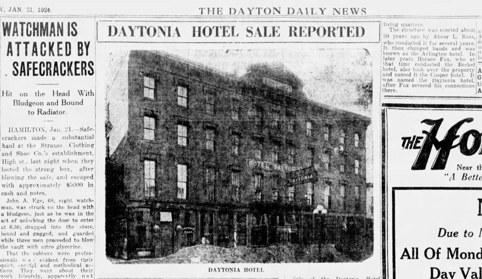 Jan. 21, 1924 - Daytonia Hotel sale reported. DAYTON DAILY NEWS ARCHIVES