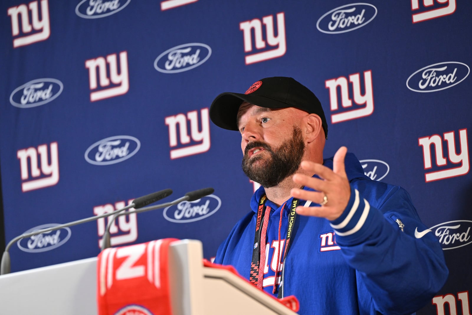 New York Giants head coach Brian Daboll attends a news conference in Munich, Germany, Friday, Nov. 8, 2024. The New York Giants are set to play the Carolina Panthers in an NFL game at the Allianz Arena in Munich on Sunday. (AP Photo/Lennart Preiss)