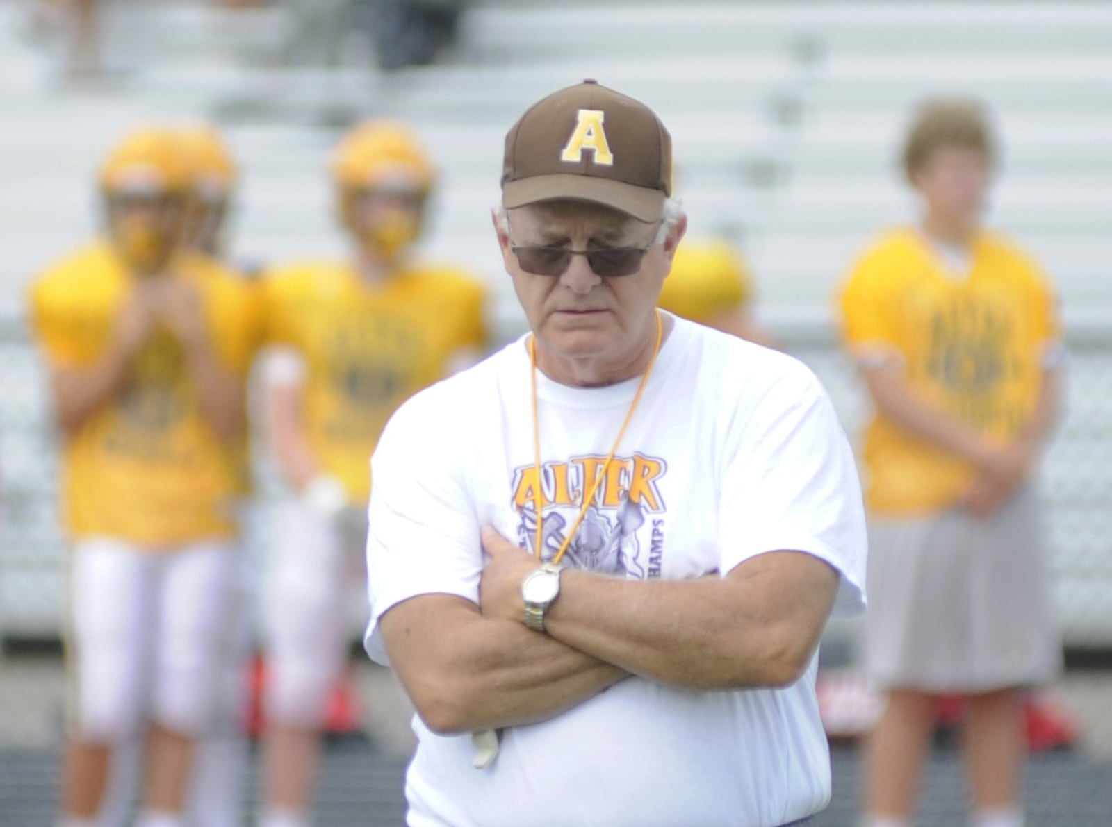 Alter’s Ed Domitz is in his 43rd season as a high school football head coach. Alter participated in a four-way scrimmage at Beavercreek on Sat., Aug. 11, 2018. MARC PENDLETON / STAFF