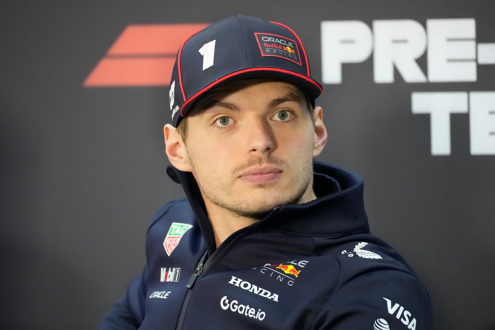 Red Bull driver Max Verstappen of the Netherlands sits at a press conference during a Formula One pre-season test at the Bahrain International Circuit in Sakhir, Bahrain, Thursday, Feb. 27, 2025. (AP Photo/Darko Bandic)