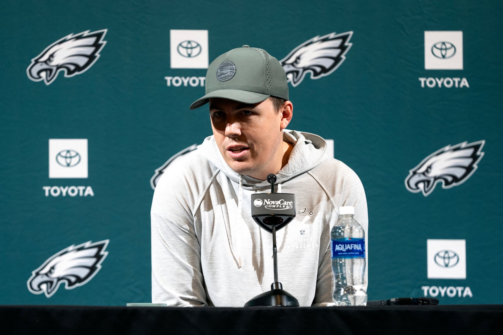 Philadelphia Eagles offensive coordinator Kellen Moore speaks with members of the media during a news conference at the NFL football team's training facility, Tuesday, Jan. 21, 2025, in Philadelphia. (AP Photo/Chris Szagola)