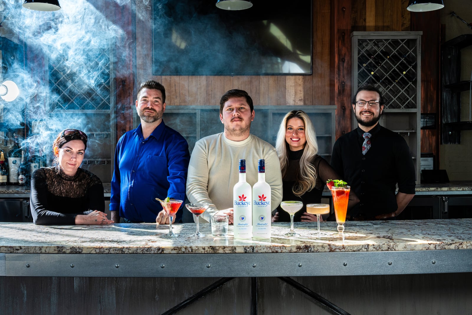 Buckeye Vodka Battle of the Bartenders 2024: Left to Right: Rachel Swartz, Bar Manager at Rip Rap Roadhouse; Case Eyrich, Dewberry 1850; Thomas Morris, Bar Manager at Wheat Penny Oven and Bar; Nicole Wilson, Smith's Boathouse and Jackson Wolph, Beverage Director for Manna in Centerville