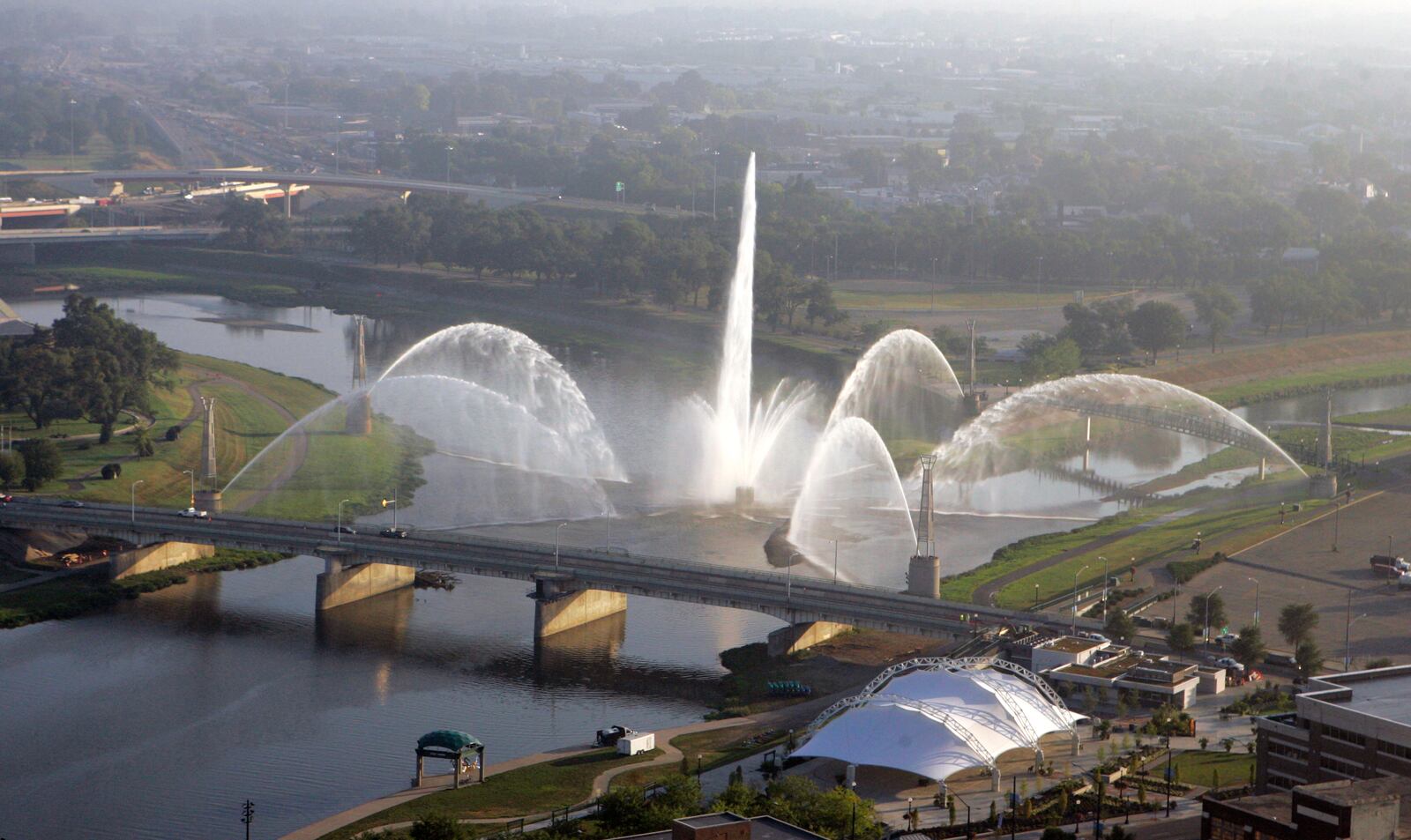 August 13, 2010. The fountains at RiverScape are spraying water early Friday morning, August 13, 2010.