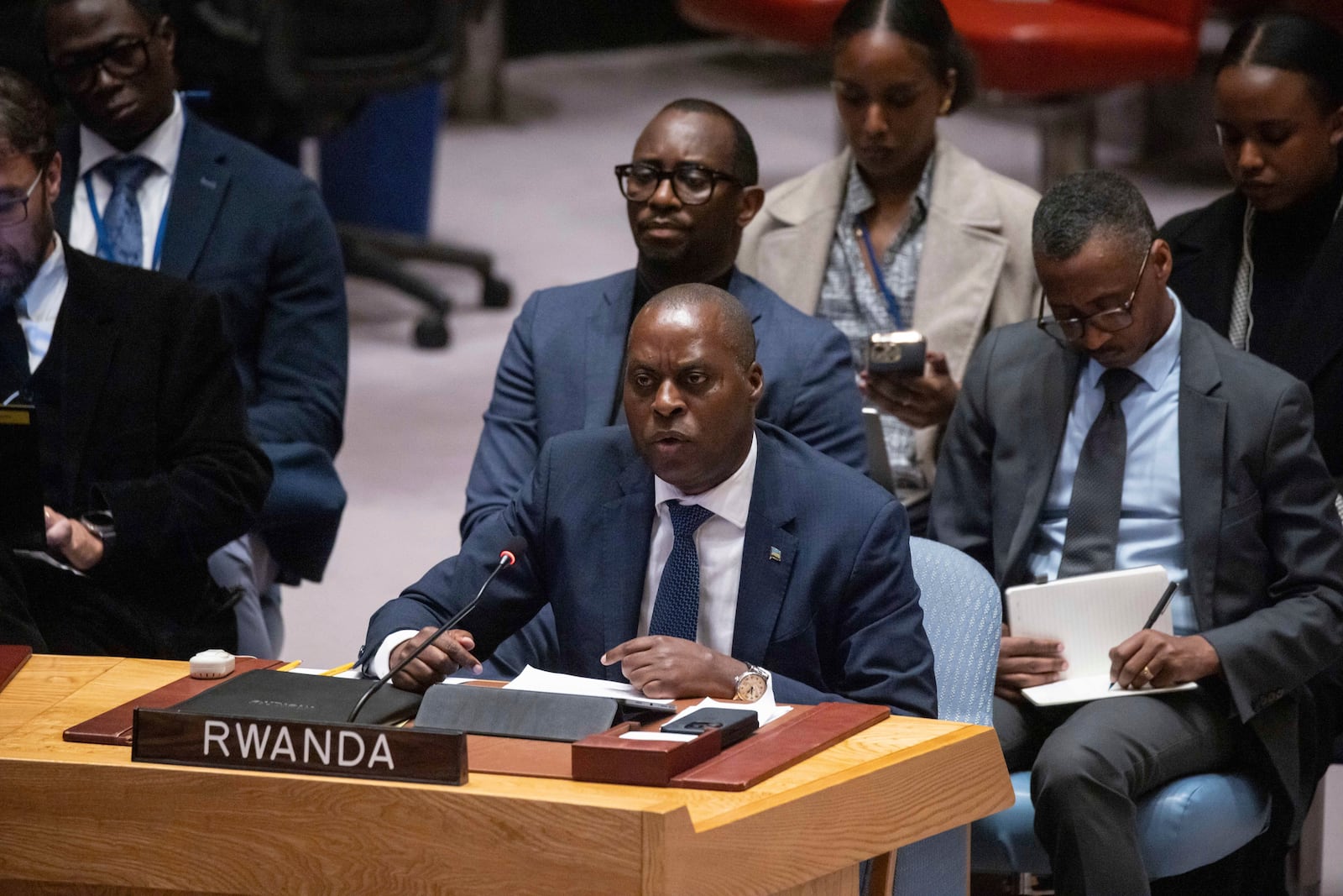 Rwanda's Ambassador and Permanent Representative to the United Nations Ernest Rwamucyo speaks during a Security Council meeting at the United Nations headquarters, Sunday, Jan. 26, 2025. (AP Photo/Yuki Iwamura)