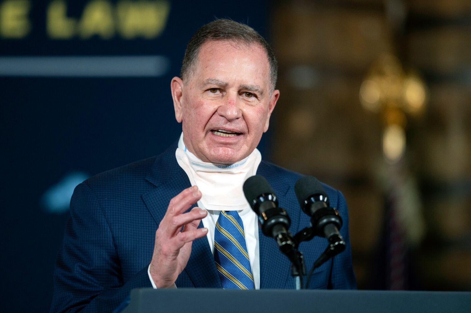 Lorain Mayor Jack Bradley speaks during an event with President Joe Biden at the Shipyards, Thursday, Feb. 17, 2022, in Lorain, Ohio. (AP Photo/Ken Blaze)