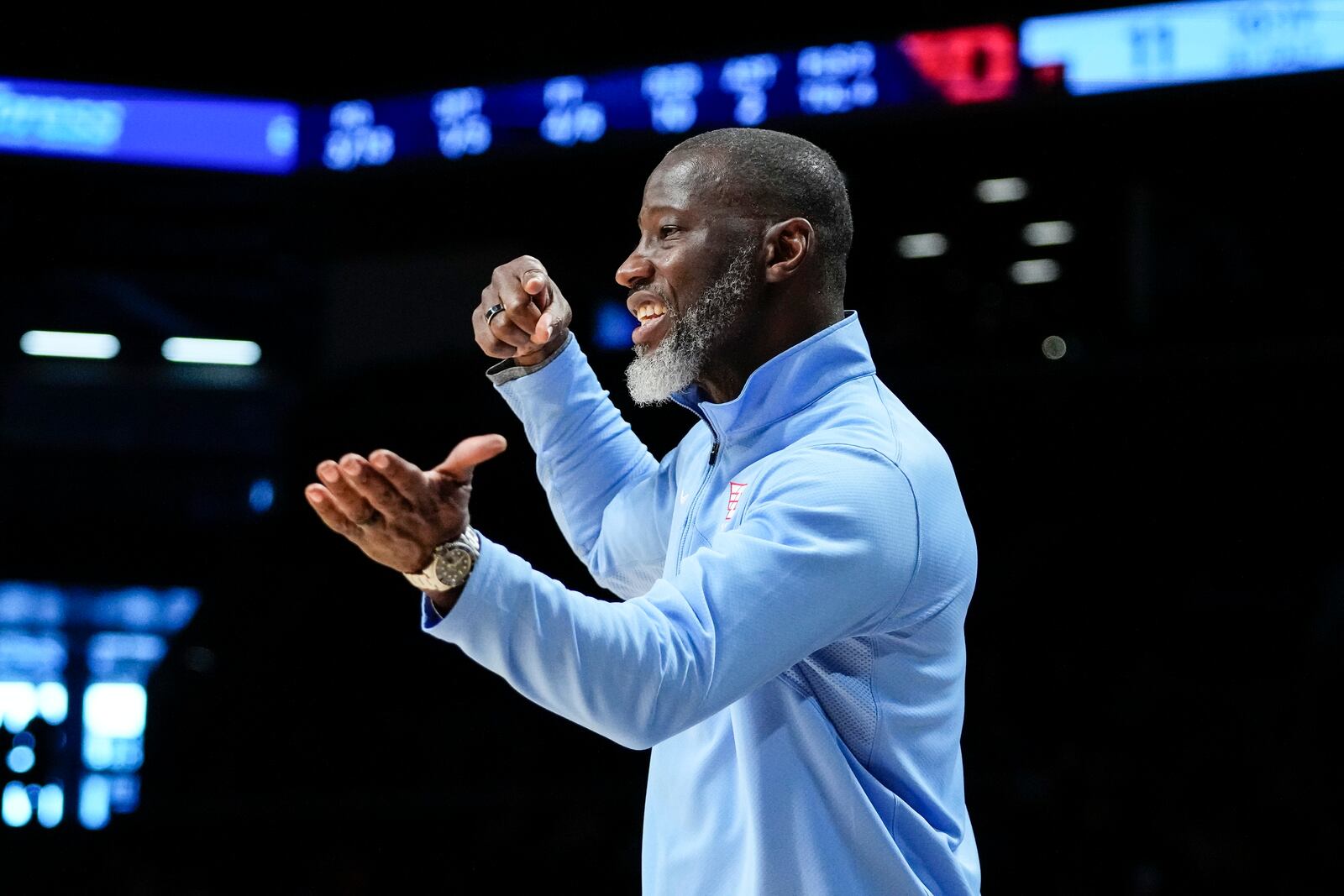 Dayton head coach Anthony Grant calls out to his team during the first half of an NCAA college basketball game against Virginia Commonwealth in the championship of the Atlantic 10 Conference Tournament, Sunday, March 12, 2023, in New York. (AP Photo/Frank Franklin II)