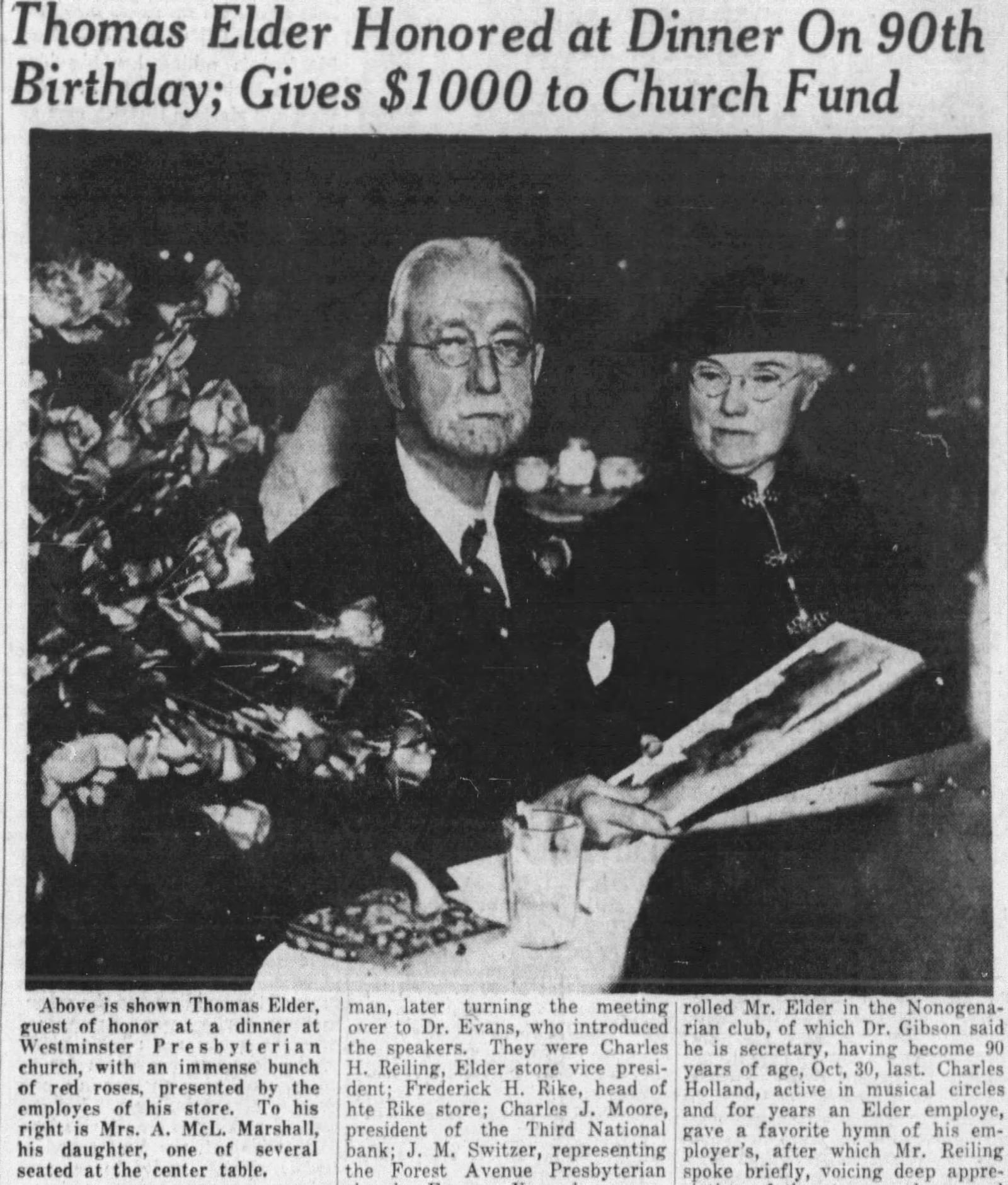 Thomas Elder honored at dinner on 90th birthday, gives $100 to Church fund. Shown with his daughter, Mrs. A. McL. Marshall. DAYTON DAILY NEWS ARCHIVES