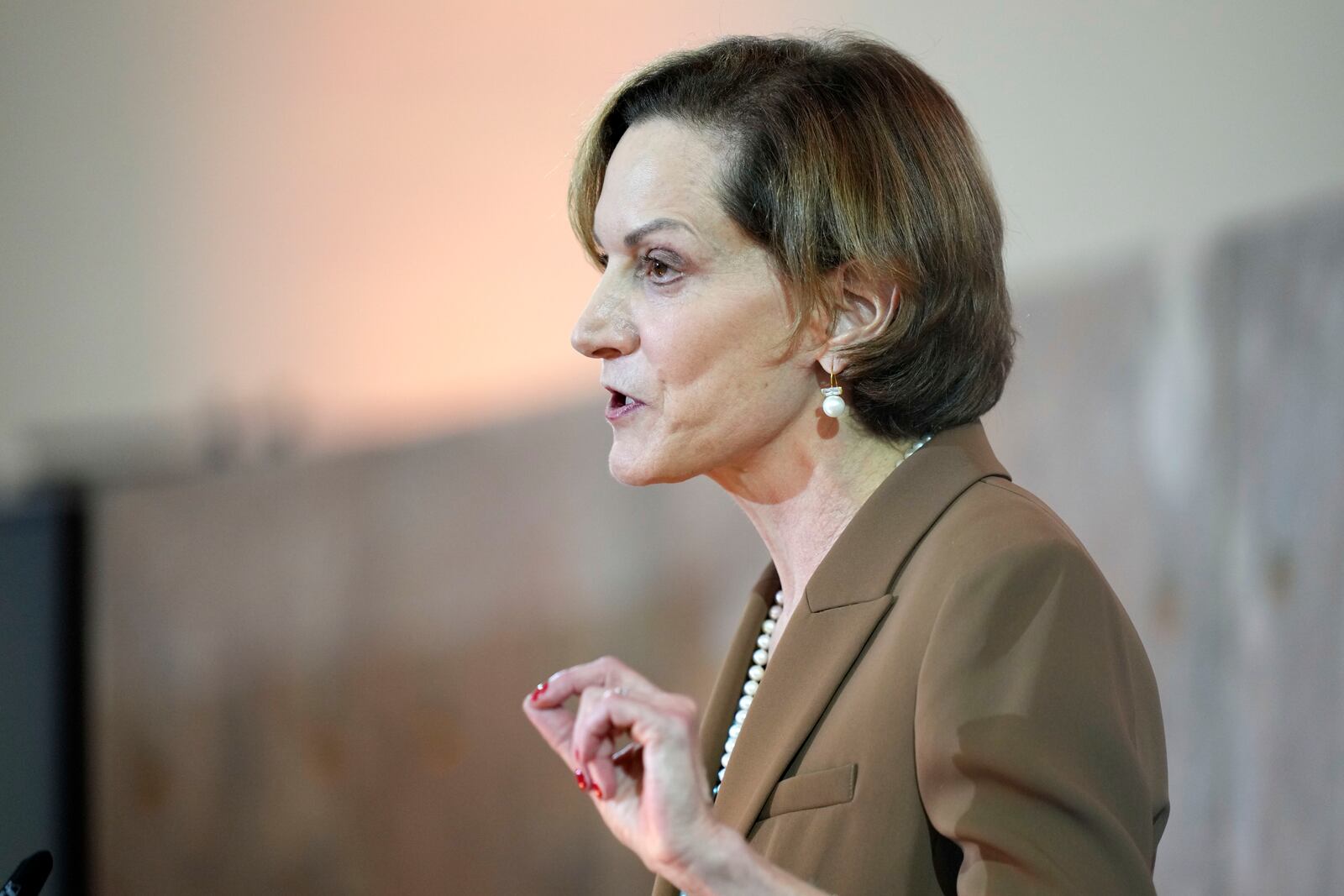 American journalist and historian Anne Applebaum delivers a speech after she was awarded the Peace Prize of the German Publishers and Booksellers Association during a ceremony at the St. Paul's Church in Frankfurt, Germany, Sunday, Oct. 20, 2024.(AP Photo/Martin Meissner, Pool)