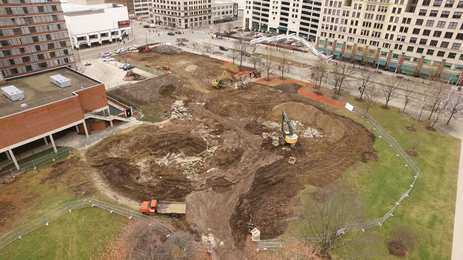 Construction grading has begun for the Levitt Pavilion in Downtown Dayton.   TY GREENLEES / STAFF