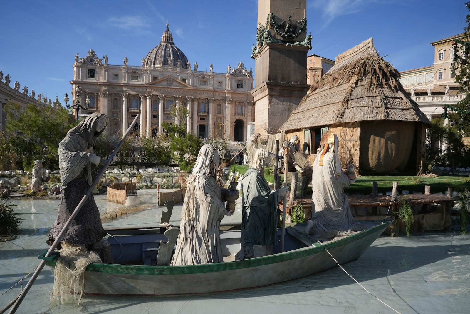 A view of the life-size nativity scene, representing a traditional fishing house of the lagoon of Grado, northern Italy, that adorns St.Peter's Square at the Vatican, Saturday, Dec. 7, 2024. (AP Photo/Andrew Medichini)