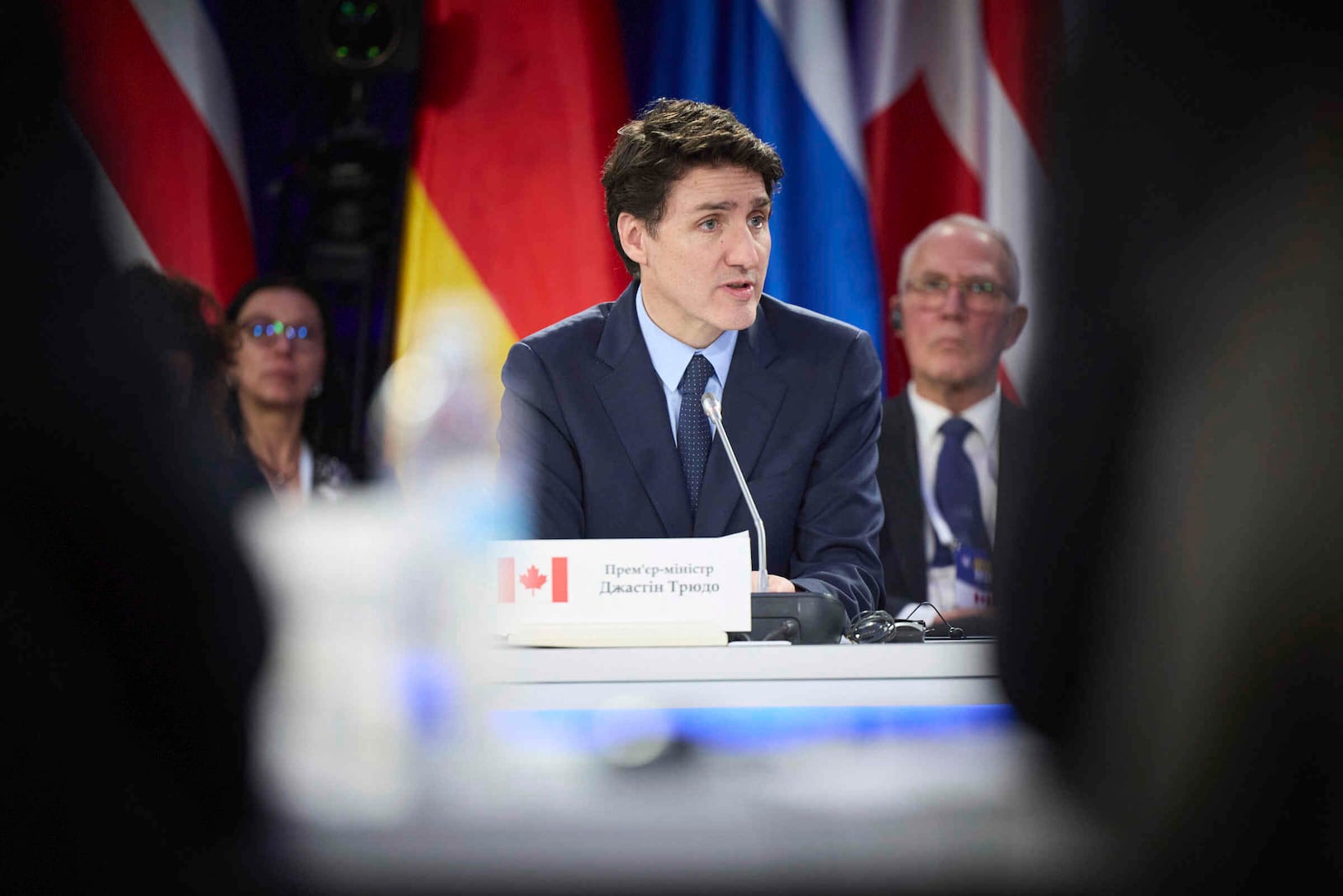 In this photo provided by the Ukrainian Presidential Press Office, Canada's Prime Minister Justin Trudeau attends the Support Ukraine summit in Kyiv, Ukraine, Monday, Feb. 24, 2025. (Ukrainian Presidential Press Office via AP)