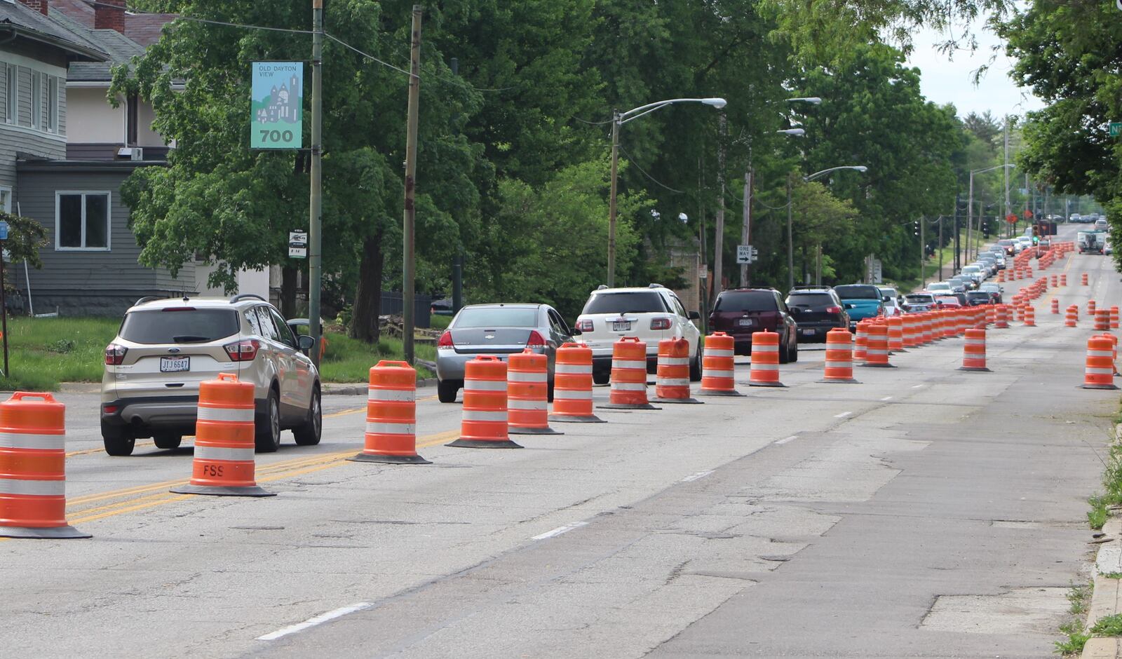 Traffic backs up along Salem Avenue as work begins to reconstruct the roadway. CORNELIUS FROLIK / STAFF