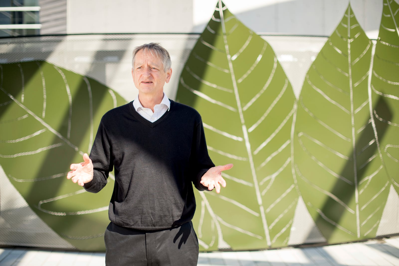 Computer scientist Geoffrey Hinton, who studies neural networks used in artificial intelligence applications, poses at Google's Mountain View, Calif, headquarters on Wednesday, March 25, 2015. (AP Photo/Noah Berger)