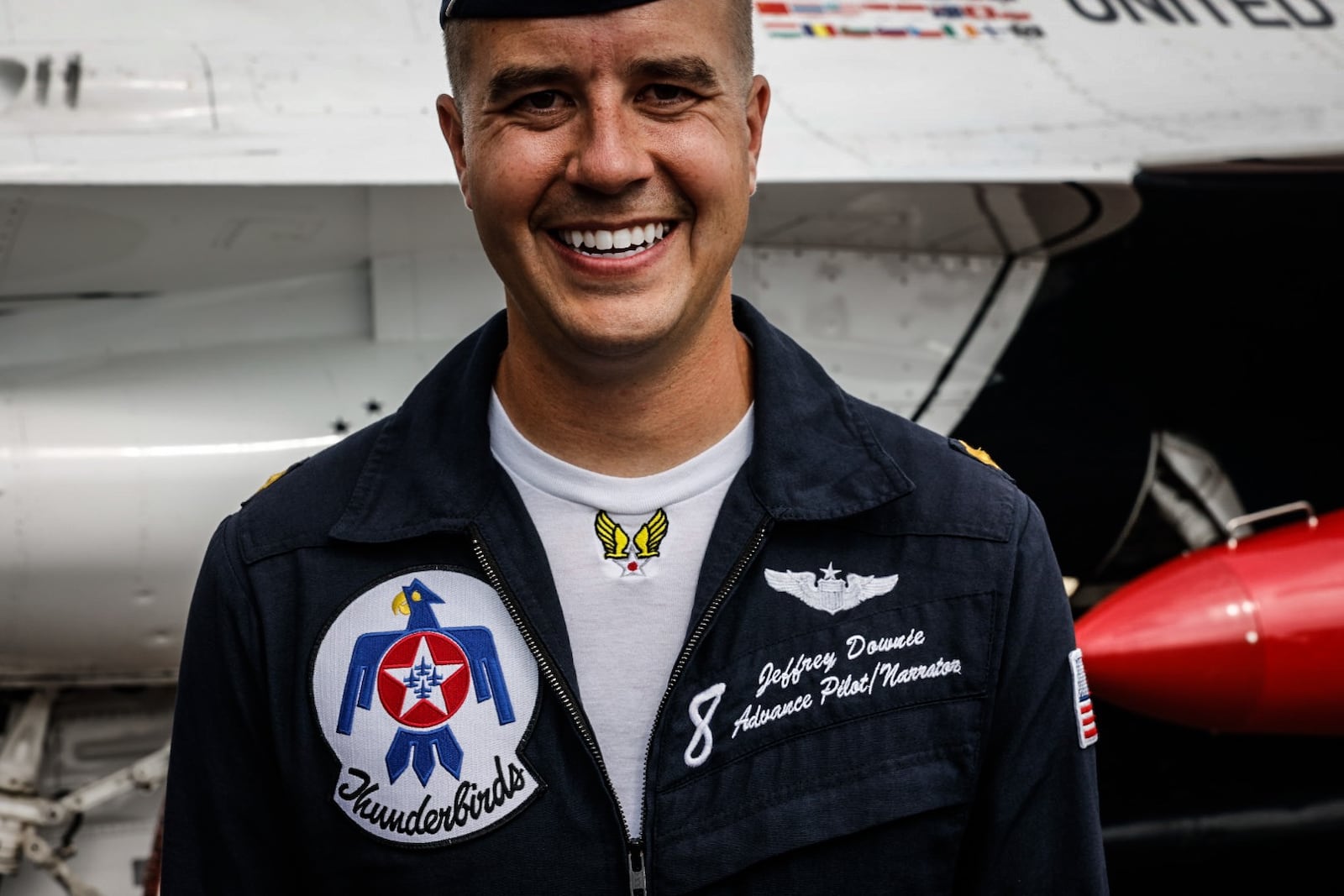 Thunderbird pilot, Jeff Downie talks to the media on Thursday July 20, 2023 in advance  of the Dayton Air Show this weekend. Jim Noelker/Staff