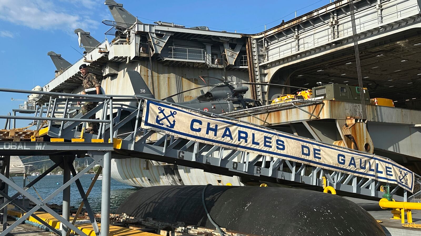 French aircraft carrier The Charles de Gaulle docks at Subic Bay, a former U.S. Naval base northwest of Manila, Philippines, Sunday, Feb. 23, 2025. (AP Photo/Joeal Calupitan)