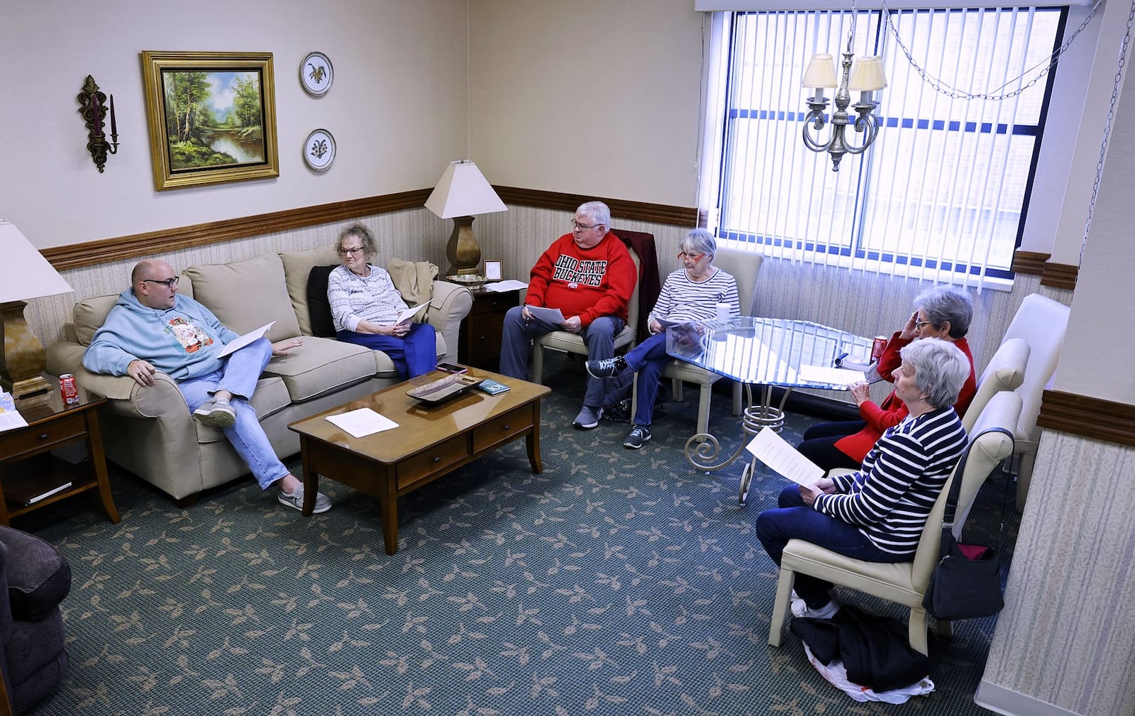 Rev. Scotty Robertson, left, leads a Bible study Wednesday, December 6, 2023 at First Baptist Church of Middletown. NICK GRAHAM/STAFF