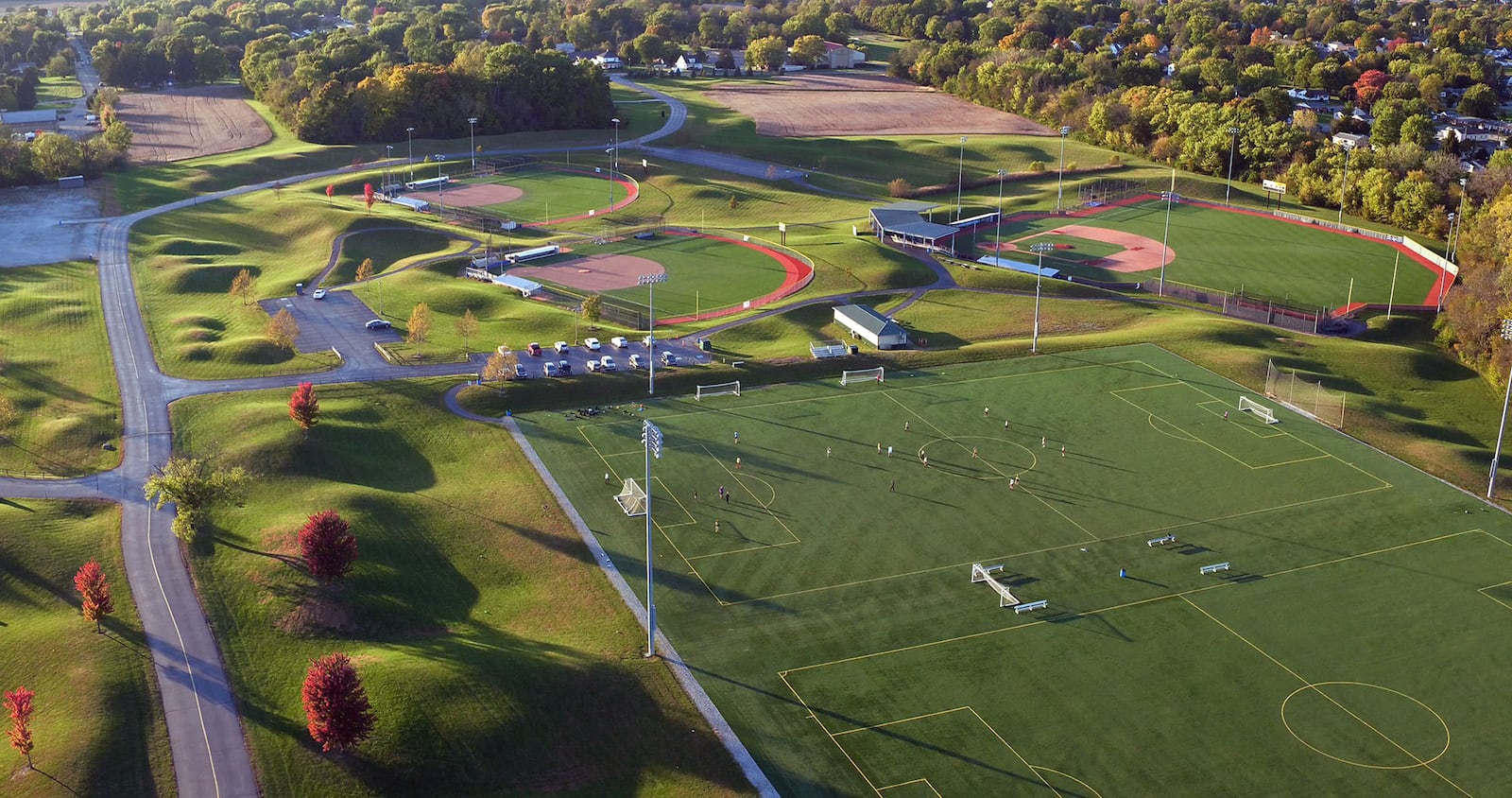 Two lighted, regulation size soccer fields at Athletes in Action Sports Complex in Xenia.  Built on land from the former Ohio Veteran's Children's Home, Athletes in Action installed seven synthetic turf playing fields in 2006 including two soccer, two softball, one baseball and one football field.  TY GREENLEES / STAFF