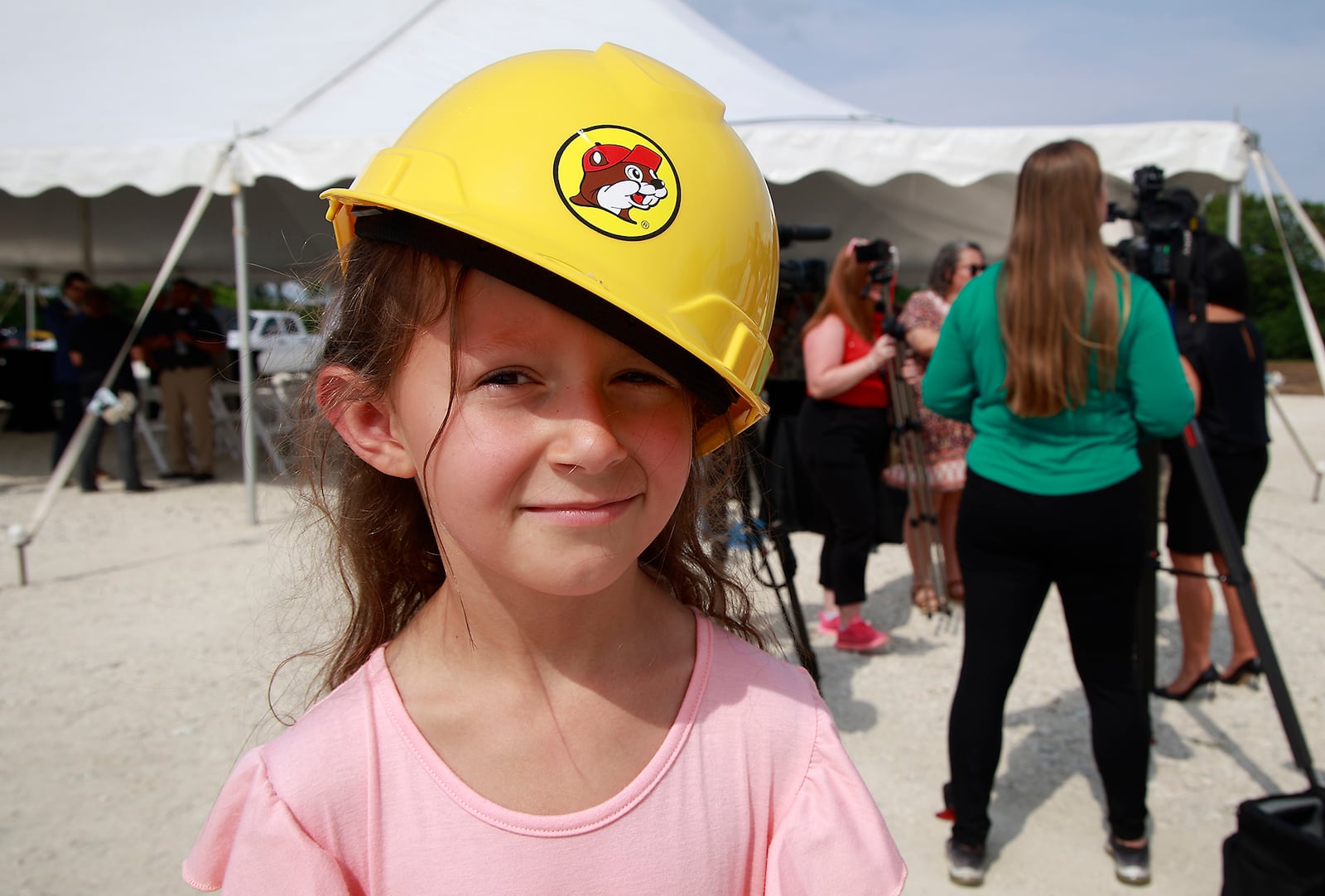 Jemma Frazier, 6, who's mother is on the Huber Heights City Council was wearing a Buc-ee's hard hat after the ground breaking ceremony for Ohio's first Buc-ee's being built in Huber Heights at the intersection of Ohio Route 235 and Interstate 70 Thursday, August 8, 2024. BILL LACKEY/STAFF