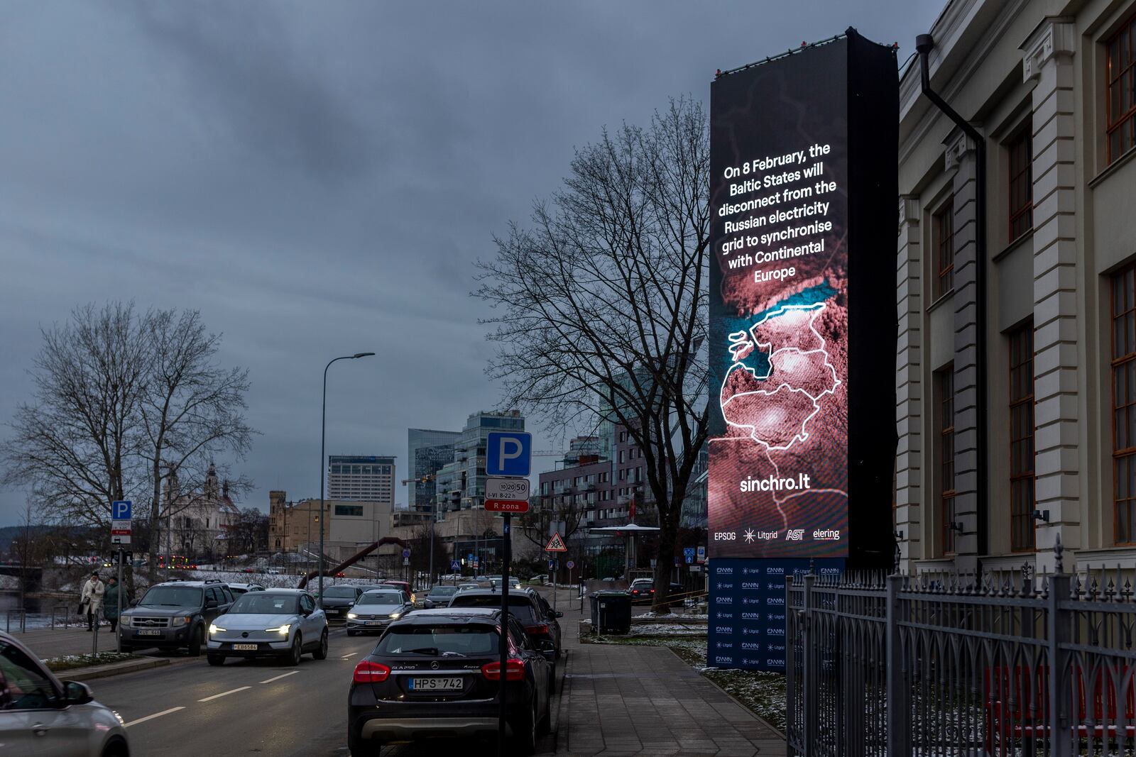 A screen near the Energy Museum and Mindaugas Bridge indicates that on February 8 the Baltic States will disconnect from the Russian electricity grid to synchronise with Continental Europe, in Vilnius, Lithuania, Tuesday, Feb. 4, 2025. (AP Photo/Mindaugas Kulbis)