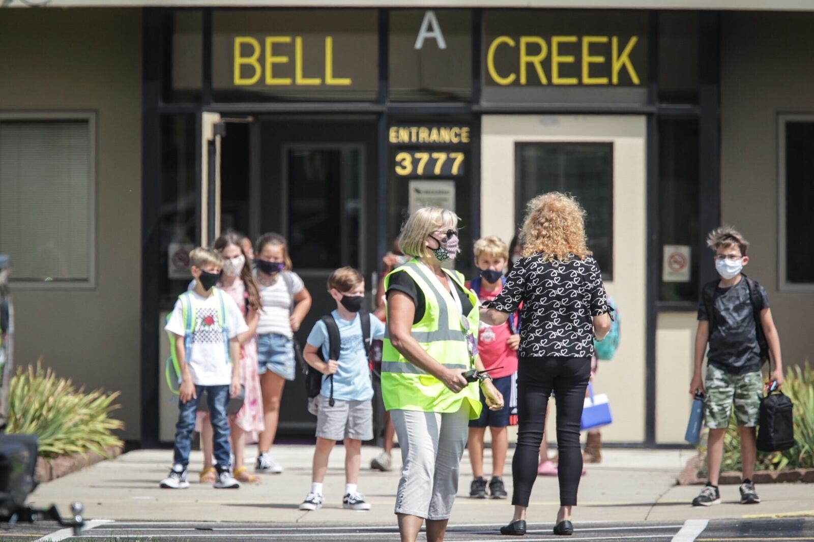 Bellbrook Intermediate released their students after the first day of school Monday August 17, 2020 JIM NOELKER/STAFF