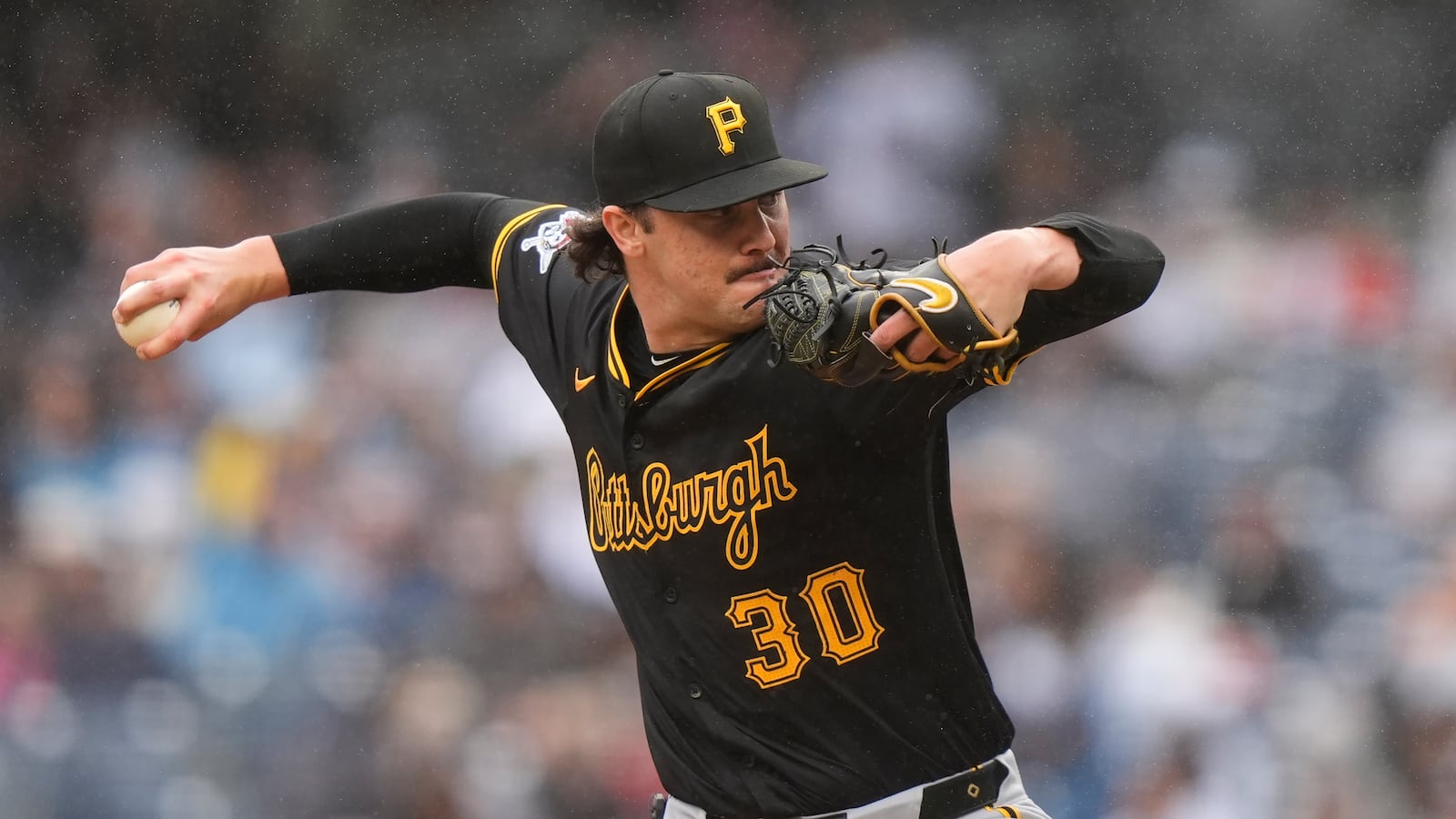 Pittsburgh Pirates pitcher Paul Skenes (30) pitches during the second inning of a baseball game against the New York Yankees, Sept. 28, 2024, in New York. (AP Photo/Frank Franklin II)