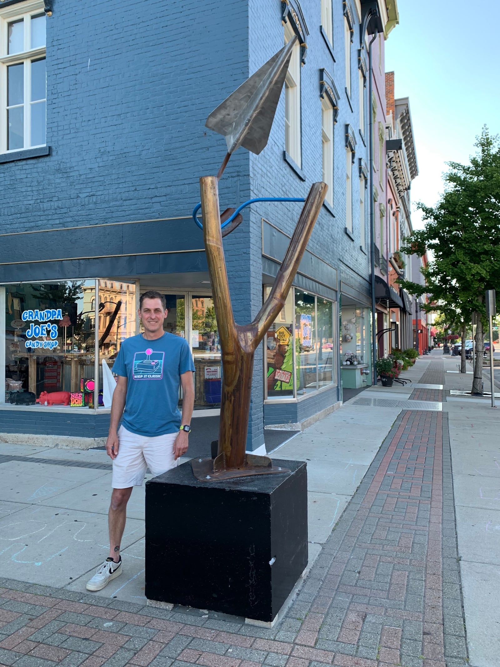 Sculptor Matt Miller's giant metal slingshot, entitled “Grandpa S,” is one of 20 pieces currently on display as part of Troy’s “Sculptures on the Square.” CONTRIBUTED